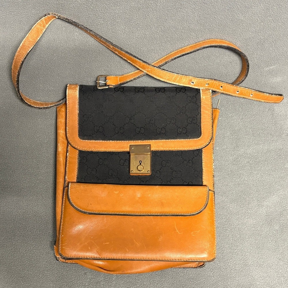 Damaged Gucci Crossbody Bag Medium Black Tan Fair Vintage GG Monogram Canvas